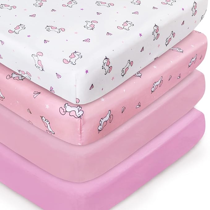 Girl Crib Sheets 4-Pack, Fitted Sheets 52'' x 28'' for Standard & Toddler Mattress, Soft Breathable Material, Neutral & Pink