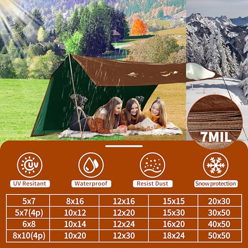 Tarp 40x50 ft 100% Waterproof 7mil Durable Grommets and Reinforced Edges,Uv Resistant,Green/Brown Tarp,Emergency Rain Shelter,Outdoor Cover and Camping Use -by MVPNET - size: 40x50