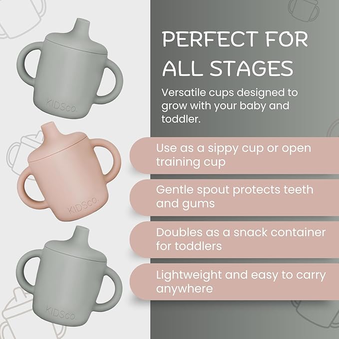 Silicone Sippy Cups with Easy Grip Tranition Handles and a Soft Spout. A Non Toxic No Spill Unbreakable Training Cup. 150ml/5oz |2-PACK Pink and Grey Mist|