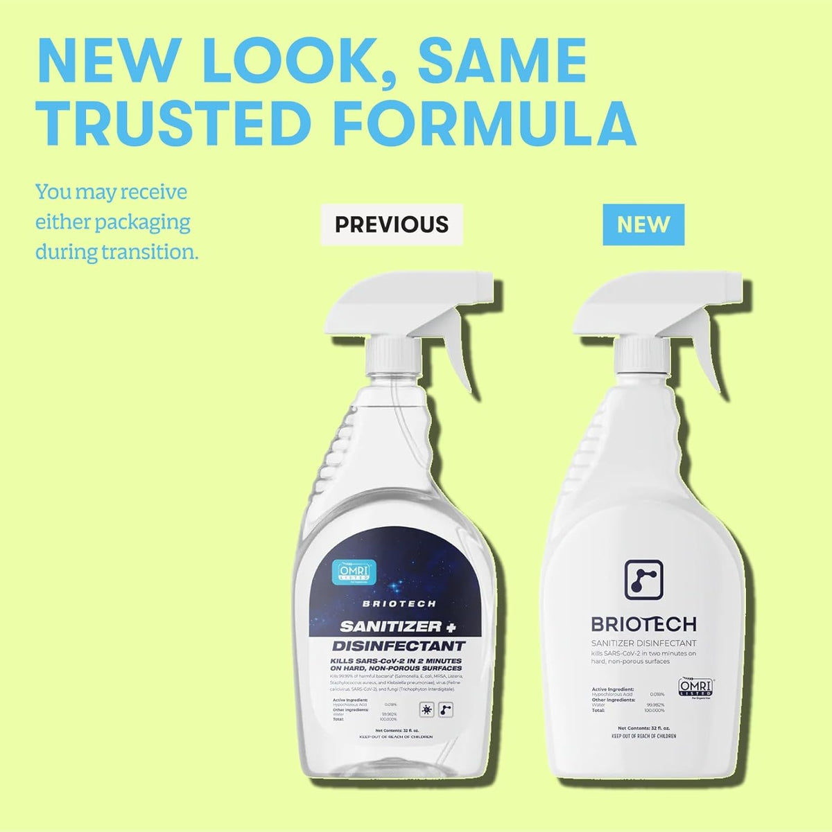 BRIOTECH Sanitizer Disinfectant Hypochlorous Spray, Kill 99.99% of Viruses & Bacteria, Control Mold, Eliminate Odor, Gentle for Nursery & Play Rooms, Food Contact Surface Sanitizer, 4 fl oz (2 Pack)