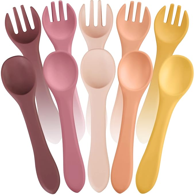 10 Pieces Baby Led Weaning Spoons and Forks Set Infant Silicone Spoon First Self Feed Baby training Utensils for Toddler First Stage Feeding Supplies for Kids Over 6 Months, 5 Pairs (Bright Colors)