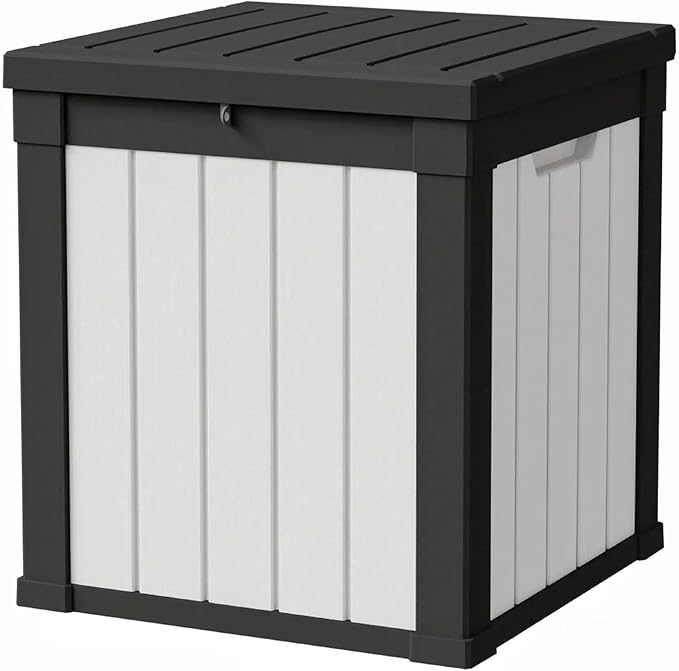 50 Gallon Storage Box, Waterproof Deck Box for Indoor & Outdoor Use, Lockable Pool Storage Bin for Package Delivery, Outdoor Bench for Patio Cushions, Garden Tools, Backyard, Black & White