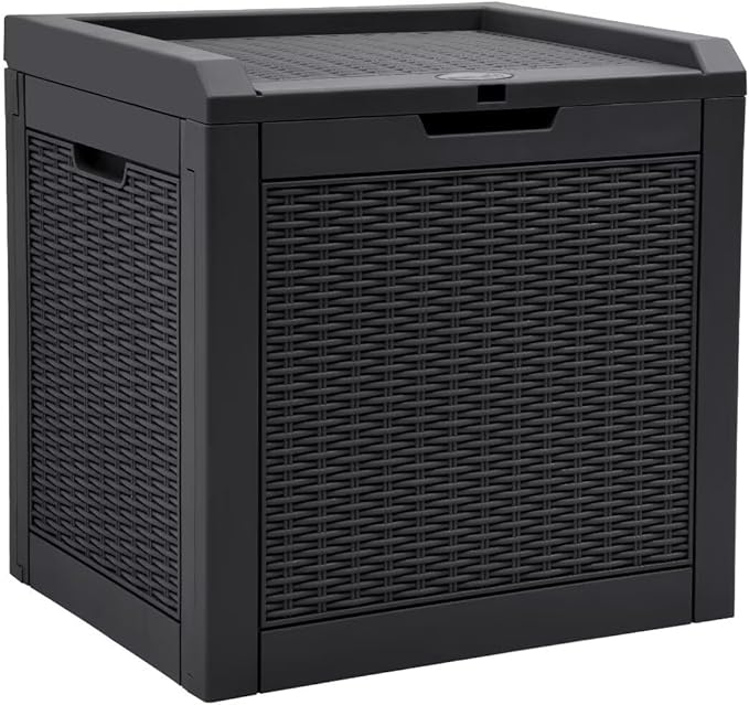 YITAHOME 32 Gallon Rattan Deck Box, Indoor Outdoor Storage Box for Patio Furniture, Pool Accessories, Cushions, Garden Tools, Sports Equipment, Waterproof Resin with Lockable Lid & Side Handles, Black