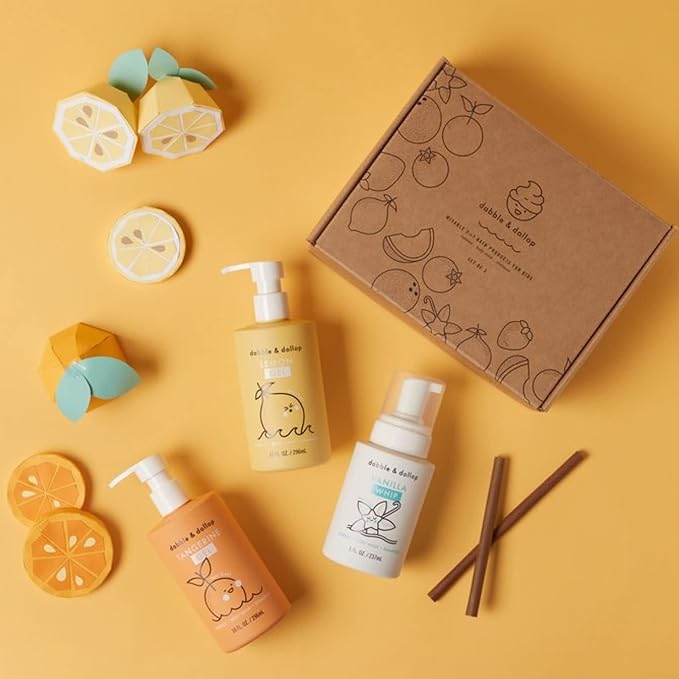 Dabble & Dollop Citrus Kiss Bundle, Natural Bubble Bath, Body Wash & Shampoo for Kids, USA-made, Paraben & Sulfate Free, Vegan, Gluten-Free, Tear-Free, Tangerine, Vanilla, Lemon (Set of 3)