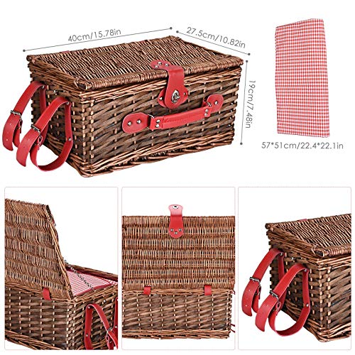 Wicker Picnic Basket Set, Large Handmade Willow Basket for 4 People with Waterproof Picnic Blanket, Insulated Thermal Compartment with Cutlery Suitable for Picnic and Camping