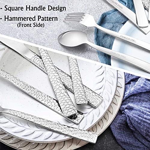 E-far 10-Piece Hammered Silverware Set, Stainless Steel Square Flatware Set Service for 2, Tableware Cutlery Set Includes Forks Spoons Knives, Modern Design & Mirror Polished - Dishwasher Safe - size: 10-Piece for 2