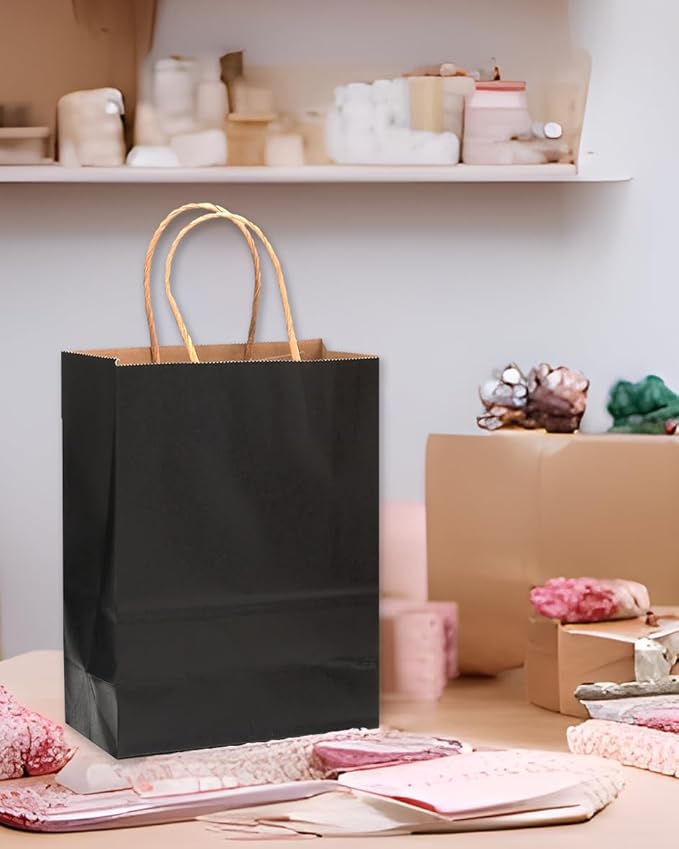 qiqee 32-Packs Black Paper Gift Bags with Handles Bulk 7.6"x4.75"x10.5" Medium Size Gift Bags Multiple Uses