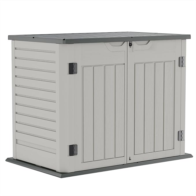 Amopatio Horizontal Outdoor Storage Shed, 34.5 Cu Resin Outdoor Storage Cabinet Waterproof, Outside Cabinet Weather Resistant for Trash Cans, Lawn Mower, Garden Tools, Patio Furniture, Light Grey