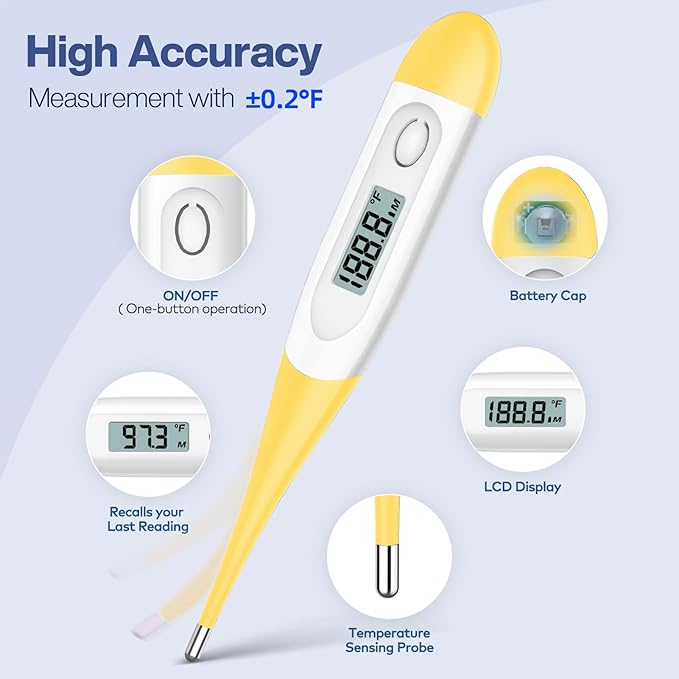 Boncare 10 Seconds Digital Thermometer for Adults and Kids - Accurate & Safe Rectal Thermometer for Baby with Fever Alarm, Oral Thermometer (Yellow)