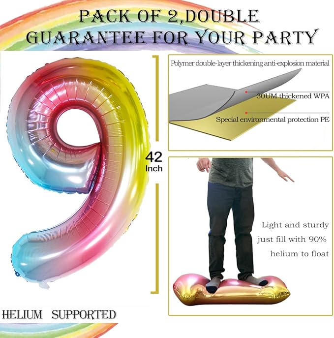 GOER Number 90 Balloons for 90th Birthday Party Decorations,42 Inch Jumbo Foil Helium Balloons for 90th Anniversary (Rainbow)
