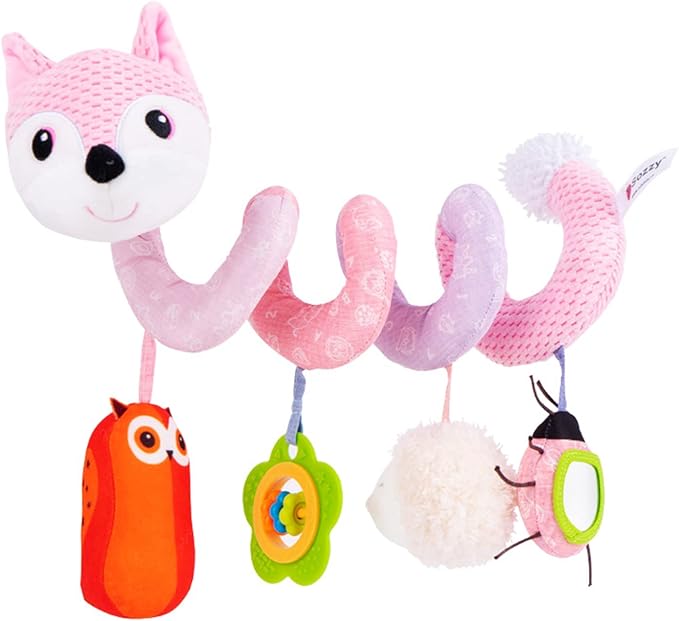 Jollybaby Baby Car Seat Stroller Toys, Plush Activity Hanging Spiral Activity Pram Crib with Music Box, Rattles, Squeaker for Babies Infant Boys Girls(Pink Fox)