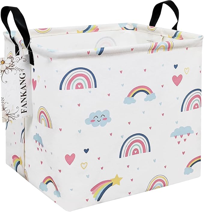 FANKANG Square Nursery Hamper Storage Bins Canvas Laundry Basket Foldable with Waterproof PE Coating Storage Baskets Gift Baskets for Children, Office, Bedroom, Clothes（Square-Love Rainbow ）