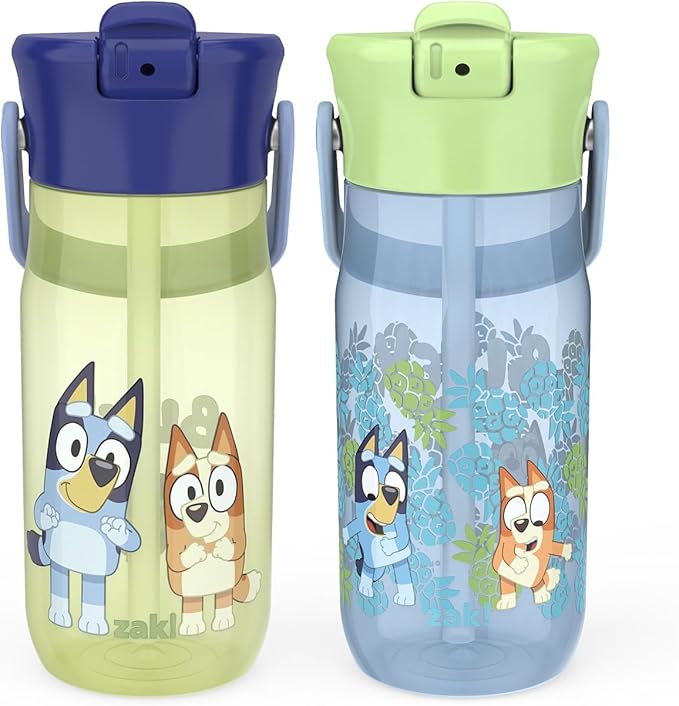 Zak Designs Harmony Bluey Water Bottle for Travel or At Home, 18oz Recycled Plastic is Leak-Proof When Closed with Straw Lid and Carry Handle, 2-Pack (Bluey and Bingo)