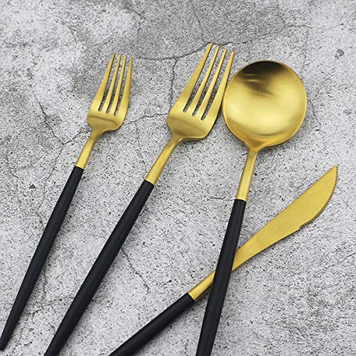 5-Piece 18/10 Stainless Steel Matte Gold Silverware Set, Kitchen Tableware Set, Dishwasher Safe - color: Black Handle Gold, size: Service for 1