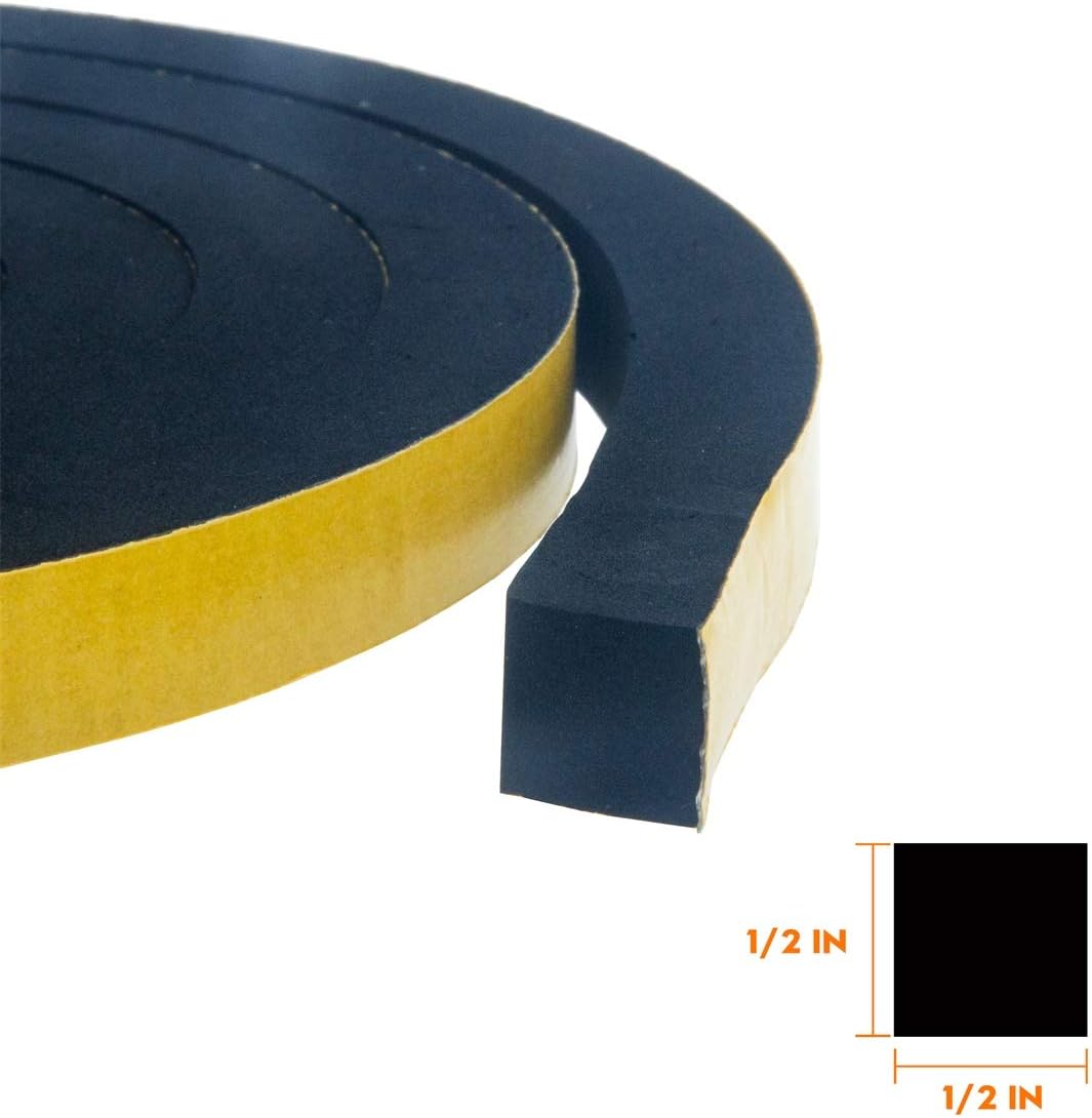 Windows Sealing Tape 2-Pack, 1/2 Inch Wide X 1/2 Inch Thick, Closed Cell Foam Adhesive Rubber Seal Strip (13 Feet Total, 6.5 Feet/Roll)