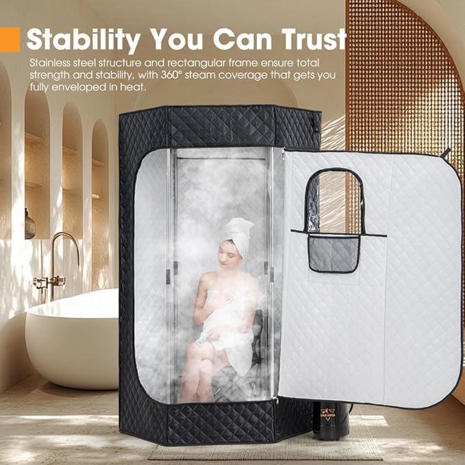 SAN HIMA Portable Sauna for Home - Personal Steam Sauna Box at Home Spa with 3L 1500W Steamer, 9 Levels Heat, 90 Minute Timer, Dimmable LED Light, Foldable Chair, Remote Control for Indoor Outdoor