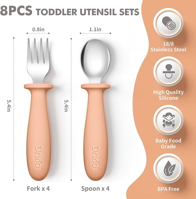 DRKIO 8 Pieces Toddler Utensils Set - Kids Silverware Set with Silicone Handle Children Safe 18/8 Stainless Steel Forks and Spoons Anti-Choke Design Food Grade Dishwasher Safe
