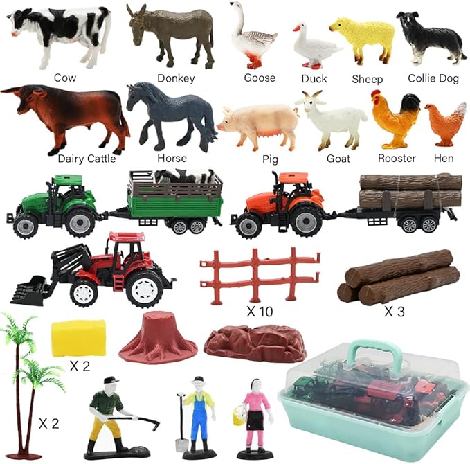 Farm Animals Figures Playset, 40 Pcs Farm Toy Tractor with Plastic Farm Animals Figurines, Farmer and Fence Farm Playset, Farm Figures Farmer Truck Toy with Trailer for Kids Boys Girls Toddlers 3+