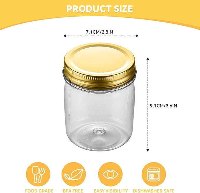 novelinks 8 oz Clear Plastic Jars with Screw-On Lids - BPA-Free Refillable Storage Containers for Slime, Spices, Crafts, Kitchen & Home Organization (16 Pack,Gold)