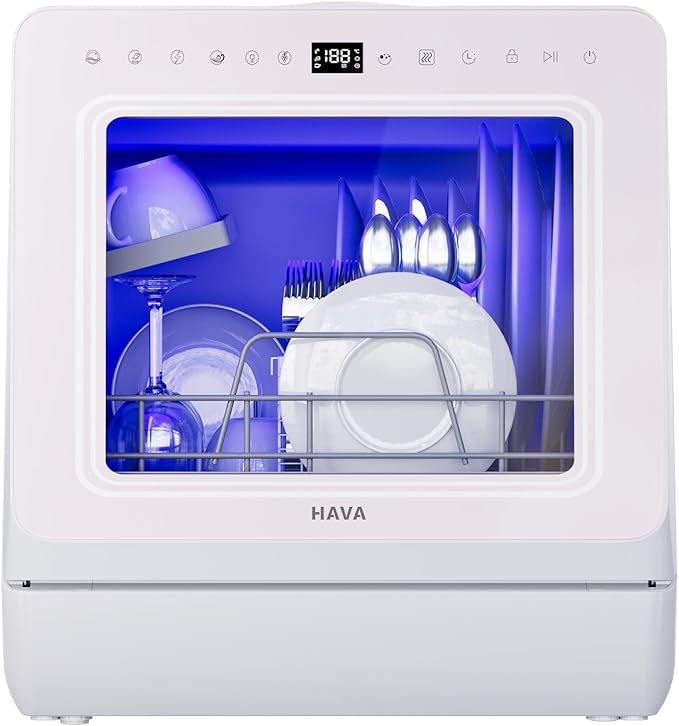 HAVA Countertop Dishwasher with Water Softener and Enhanced Energy Efficiency, Portable Dishwasher with 8 Wash Programs, Child Lock & Delayed Start Function, No Installation Needed - Misty Lilac