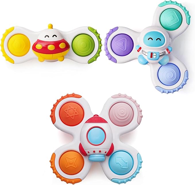 LiKee Strong Suction Cup Fidget Rotating Sensory Bath Toys for Baby 12 18 Months Airplane Car Travel Table & Window Toys for 1 2 Years Old Toddler Boys and Girls (Space-1)