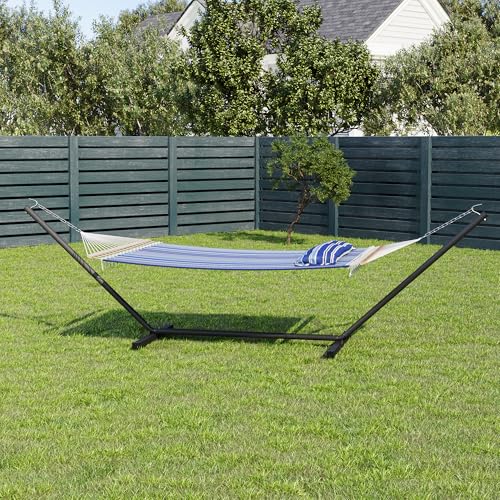 GarveeLife 57" 2 Person Outdoor Hammock, Widening Design Cotton Hammock with Metal Stand, Heavy Duty Construction, 450 LBS Weight Capacity, Blue - color: Blue