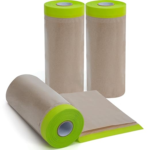 ADHES Pre-Taped Masking Paper for Painting, 3 Rolls 12 Inch x 50 Feet Tape and Drape Painters Paper Roll with Masking Tape, Automotive Paint Masking Paper for Cars, Walls, Floors, Furniture Protection
