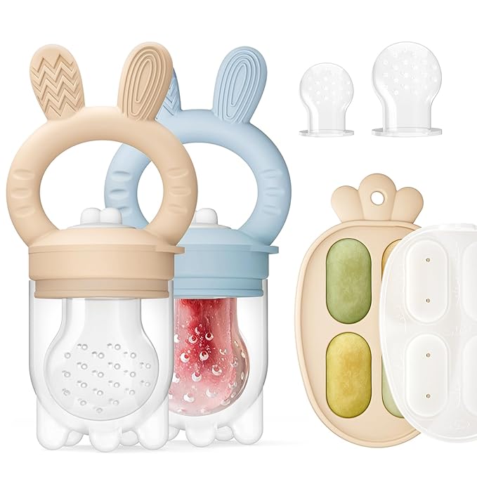 2 Packs Baby Fruit Feeder & Freezer Nibble Tray Combo, Push Pop Baby Food Feeder to Safely Introduce New Foods, Fresh & Frozen Food Silicone Feeder, 100% Food Grade, BPA Free (Caramel & Blue)
