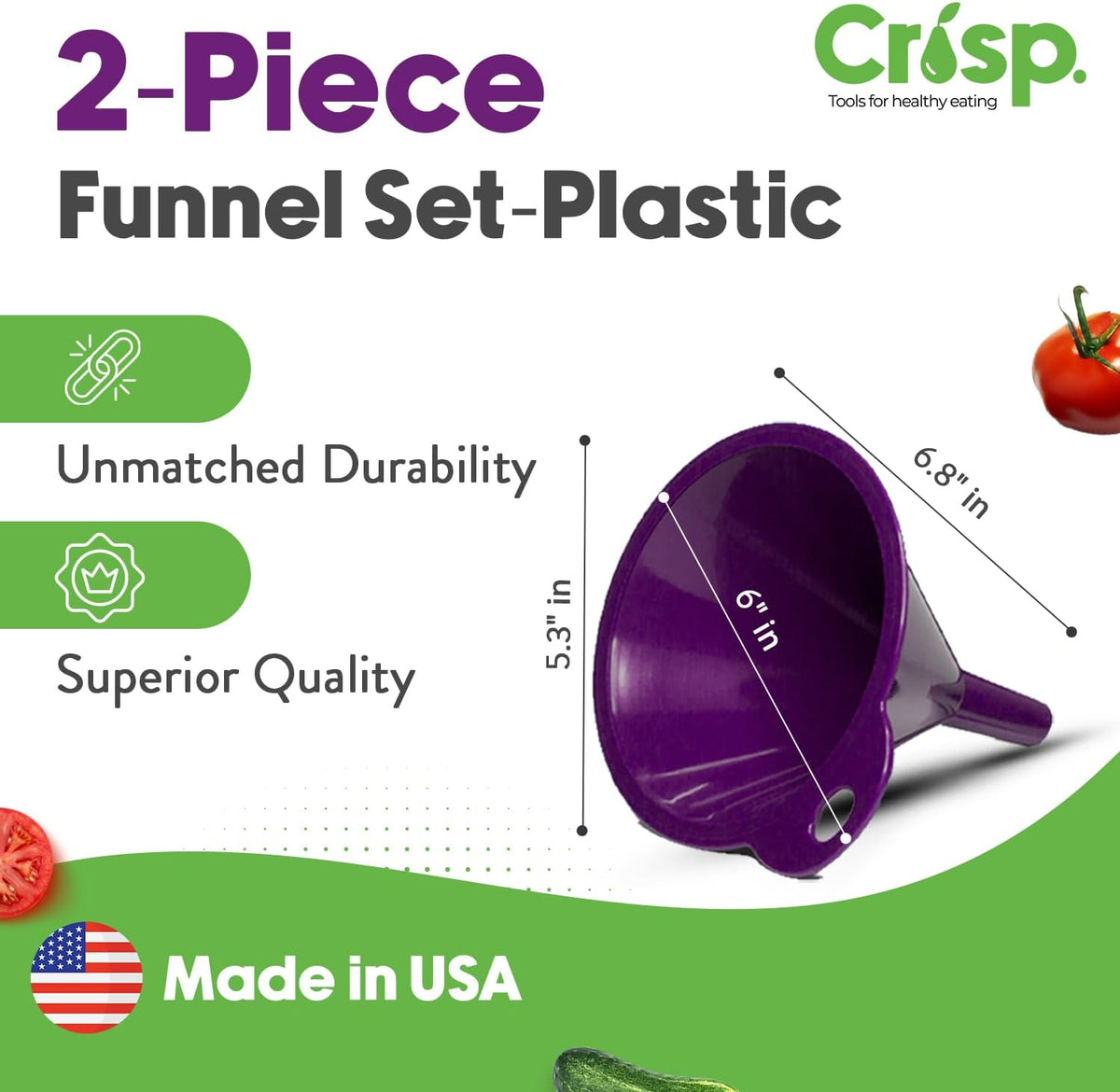 Crisp 2-Piece Funnel Set - All Purpose Funnels for Kitchen Use Filling Bottles - Durable & Dishwasher Safe Kitchen Funnel Set - Made in The USA - Purple