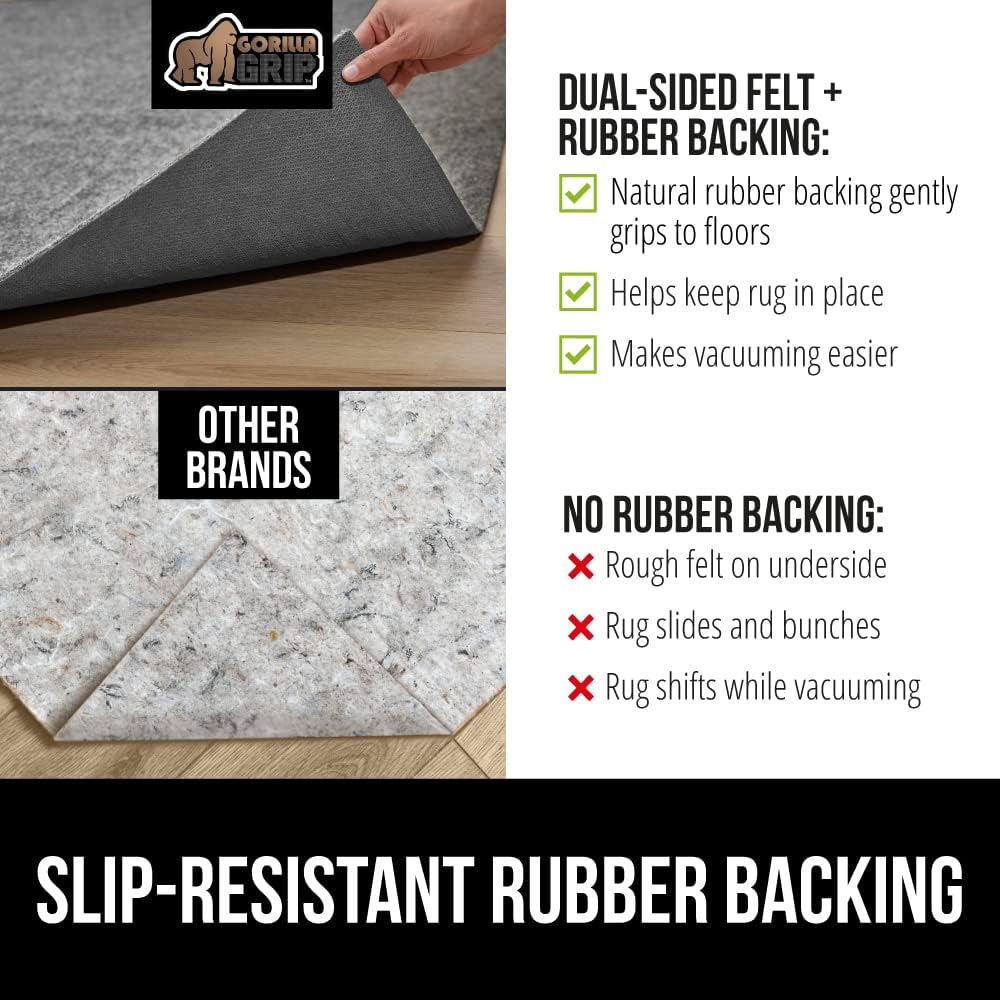 GORILLA GRIP Felt and Natural Rubber Stay in Place Slip Resistant Rug Pad, 1/8in Thick, 7x10 FT Protective Padding Under Area Rugs, Cushioned Gripper Pads, Carpet Runners, Hardwood Floors Protection