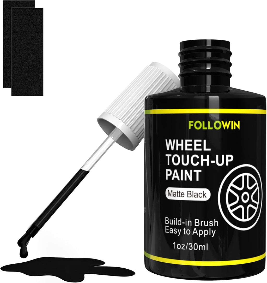 FOLLOWIN Matte Black Rim Touch Up Paint for Cars,Car Wheel Rim Paint Repair Kit,Automotive Rim Scratch Repair 1OZ/30ml
