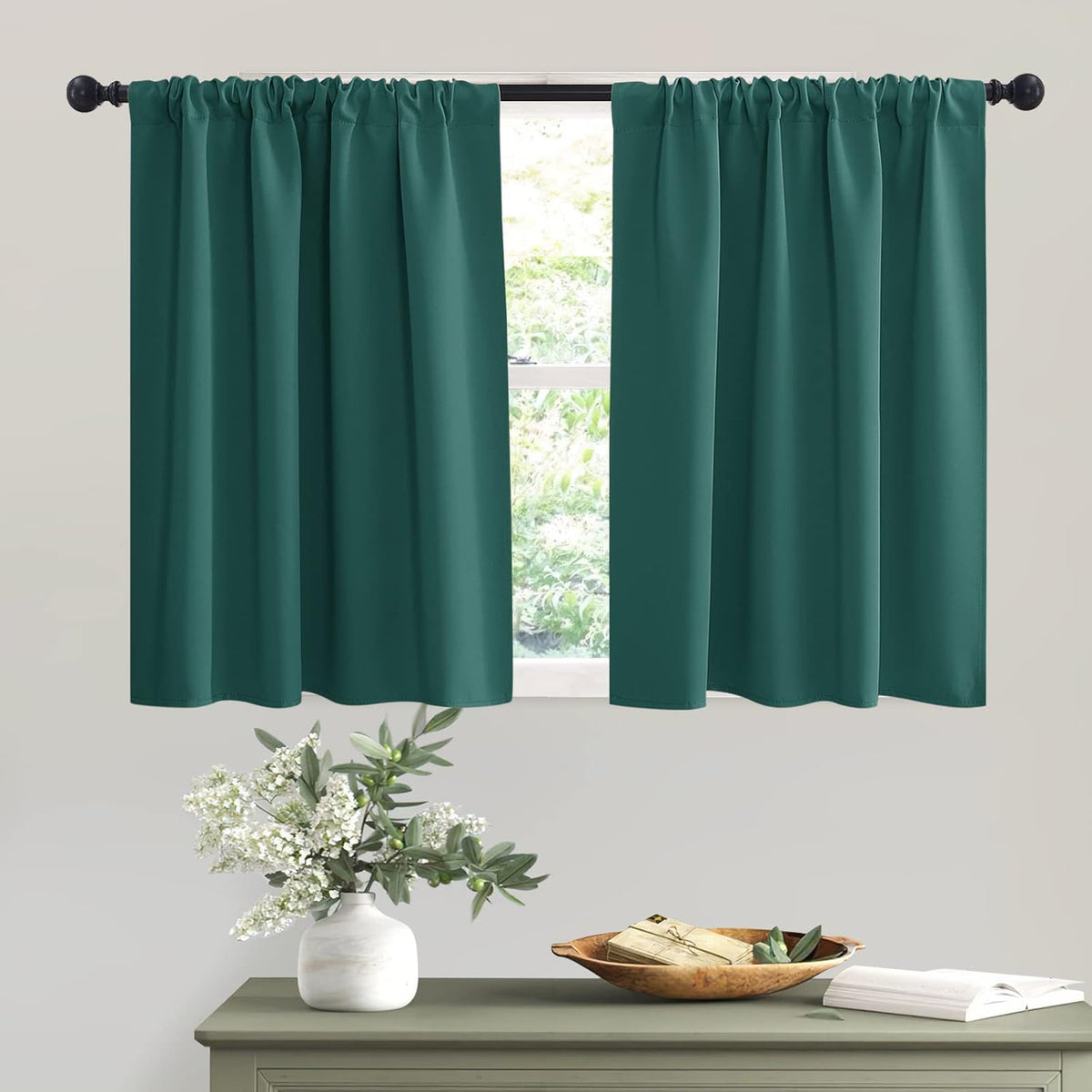 RYB HOME Blackout Curtains for Bathroom - Solid Light Block Blinds Privacy Light Block Drapes for Kitchen Cabinet Kids Nursery Bedroom Laundry Cafe Window Decor, W 42 x L 36, Hunter Green, 1 Pair