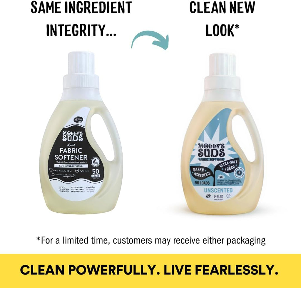 Molly’s Suds Fabric Softener Liquid for Sensitive Skin | Vinegar-Powered, Infused with Essential Oils | Fights Static, Reduces Wrinkles, Deodorizes | Unscented, 50 Loads