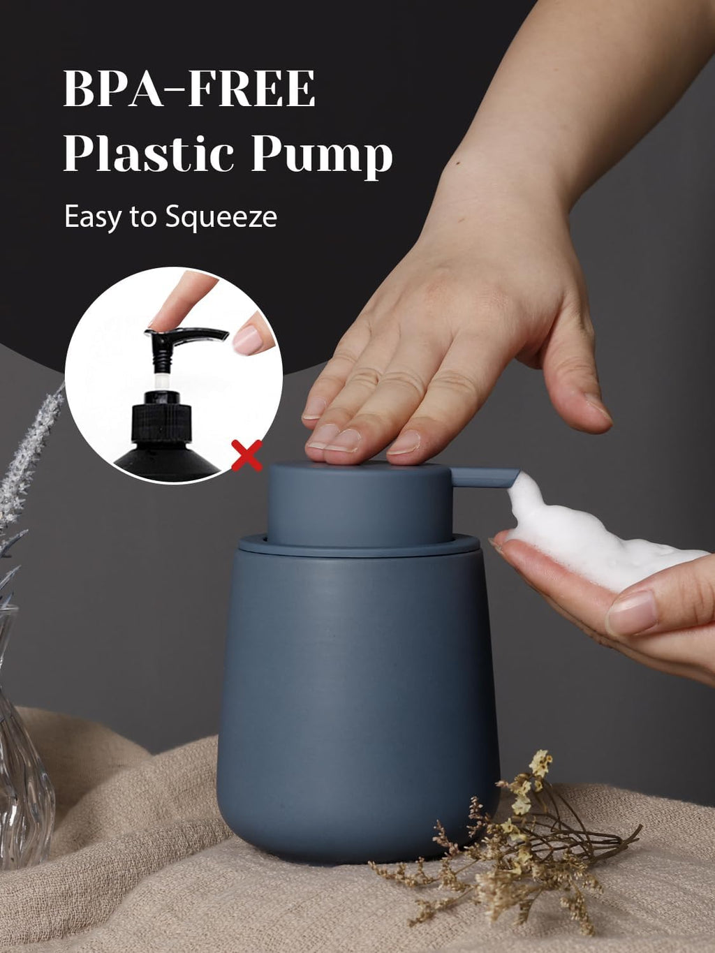 INGOFIN Ceramic Foaming Soap Dispenser - 12 oz Foam Hand Soap Dispenser Bathroom, Ceramic Dish Soap Modern Dispenser with Pump for Kitchen, Matte Blue