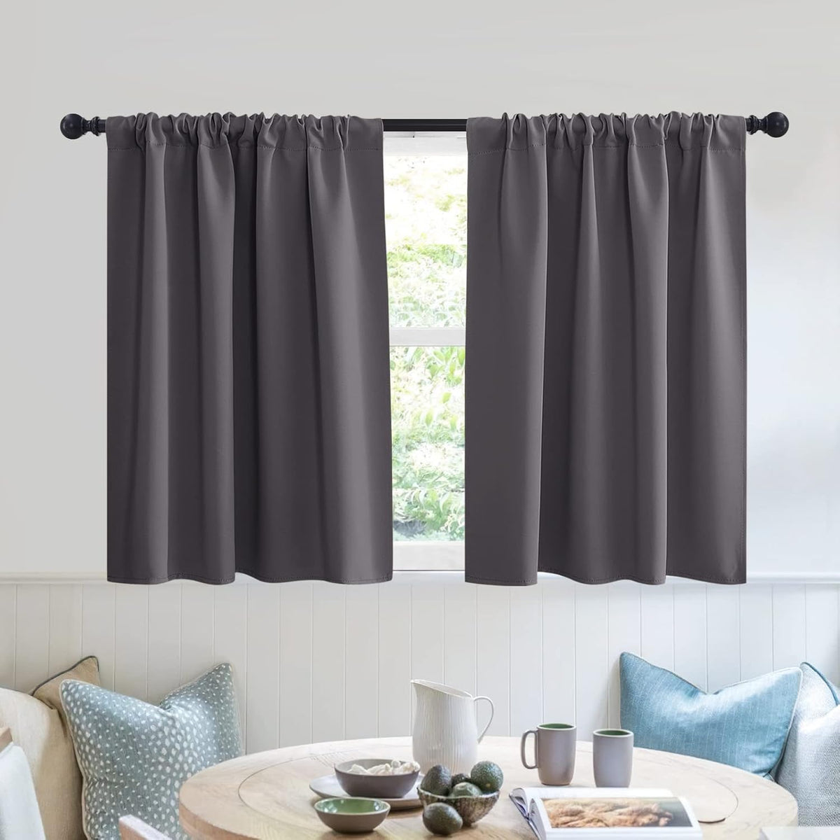 RYB HOME Short Blackout Curtains for Kitchen, Solid Half Window Treatment for Bedroom Energy Saving Privacy Shade for RV Camper Bathroom Basement, W42 x L30 inches, Grey, 2 Panel Set