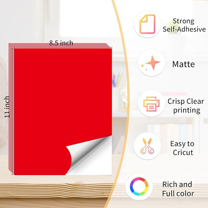 Printable Sticker Paper, 20 Sheets Red Printable Sticker Paper, Laser/Inkjet Printing- Matte Red, Letter Size (8.5" x 11")