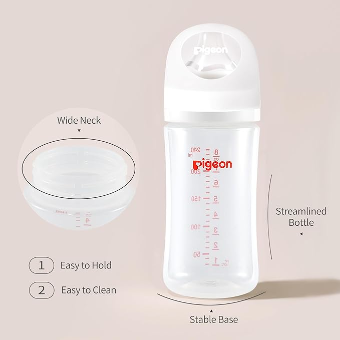 Pigeon PP Nursing Bottle Wide Neck, Anti-Colic, Streamlined Body, Natural Feel, Easy to Clean, 8.1 Oz(Pack of 4), Includes 4pcs M Nipples (3m+)