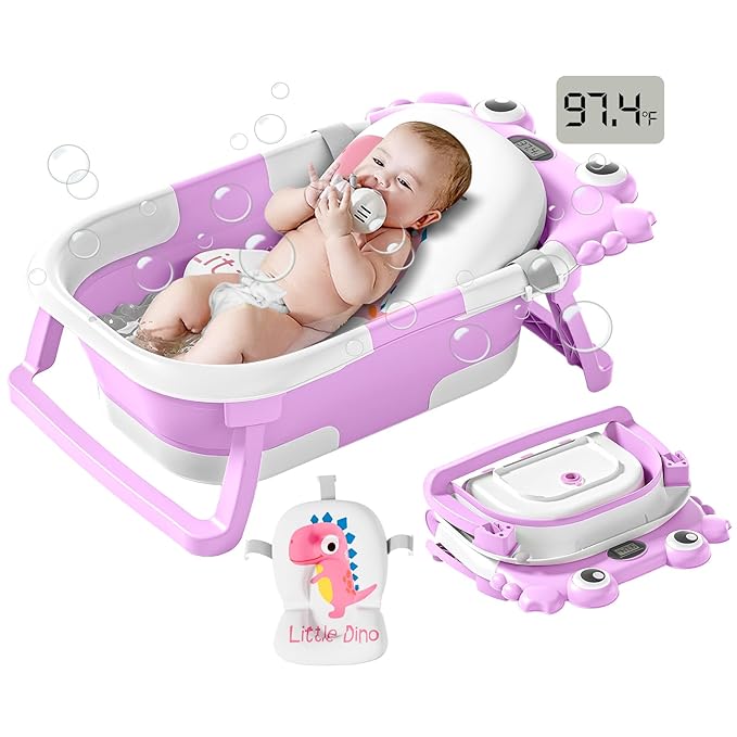 Collapsible Baby Bathtub for Infants to Toddler with Real-time Temp Monitor+Floating Cushion,Foldable Baby Bath Tub Set Applicable 0-36 Month,Portable Travel Bathtub for Newborns Girl (Purple)
