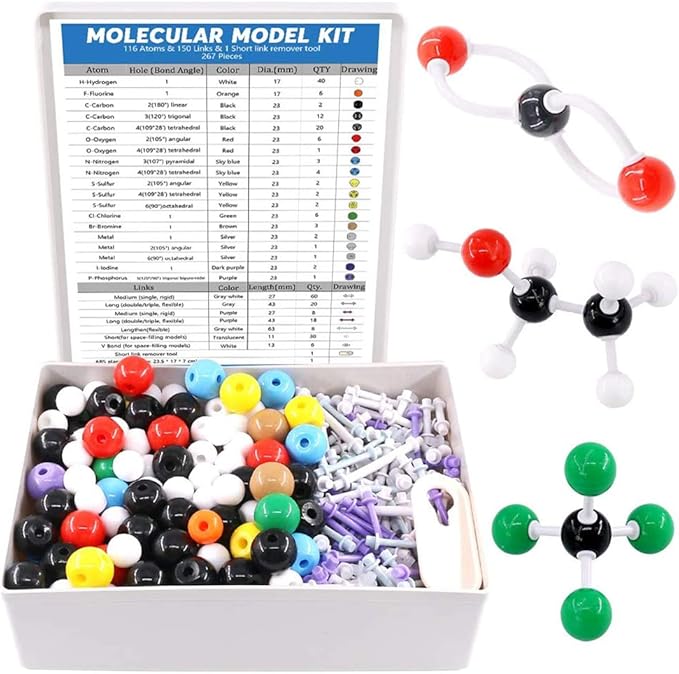 Swpeet 267 Pcs Organic Chemistry Molecular Model Student and Teacher Kit, Chemistry Molecular Model Student and Teacher Set - 116 Atoms & 150 Links & 1 Short Link Remover Tool