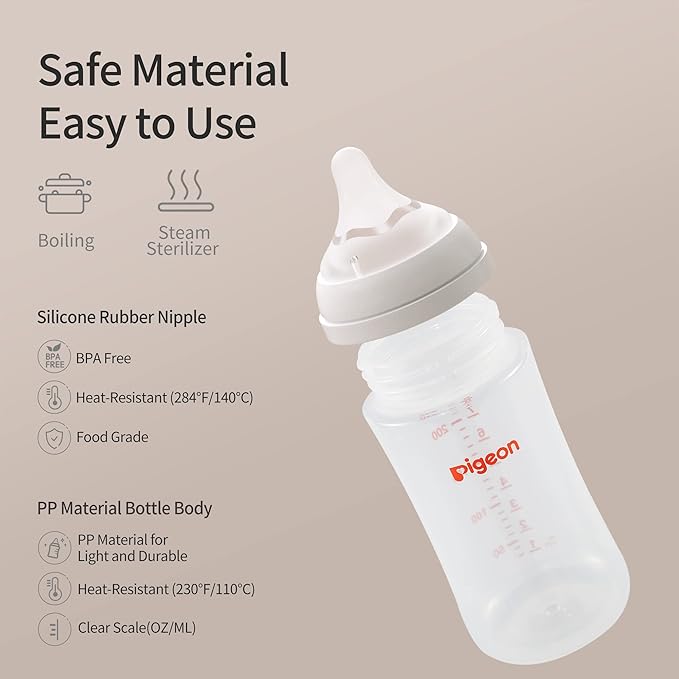 Pigeon PP Nursing Bottle Wide Neck, Anti-Colic, Streamlined Body, Natural Feel, Easy to Clean, 8.1 Oz(Pack of 4), Includes 4pcs M Nipples (3m+)