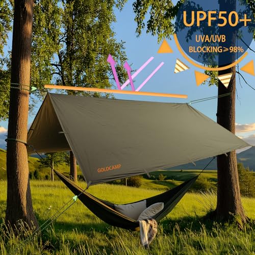 GOLDCAMP Waterproof Camping Tarp，70D Nylon 10X10FT Hammock Rain Fly ，UV 50+ and PU15000mm Tent Tarp Shelter Canopy，Heavy Duty Multifunctional Sun Shade or Rain Fly Essentials for Hiking Backpacking - size: 10X10FT