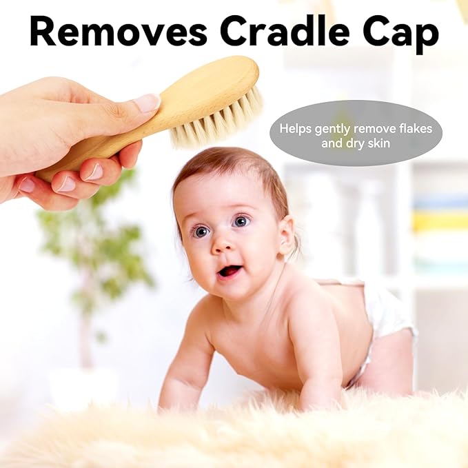 Goat Baby Hair Brush Set, Safe Natural Hair Care Kit with Wooden Soft Bristles Brush Comb Green Silicone Bath Brush for Newborns Toddlers (3pcs Set)