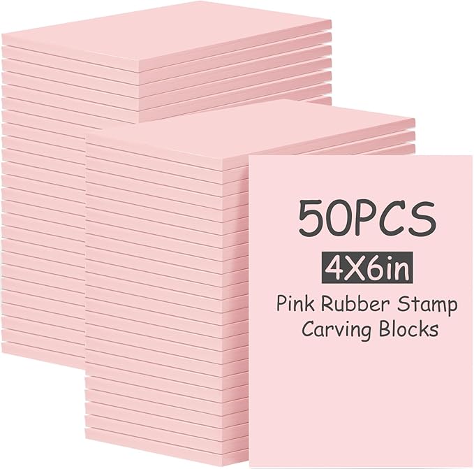 Frienda 50 Pack Rubber Carving Blocks 4 x 6 Inch, Rubber Stamp Carving Blocks for Printmaking, Printing, DIY Craft Project, Soft Block Stamp for Beginners and Professional(Pink)