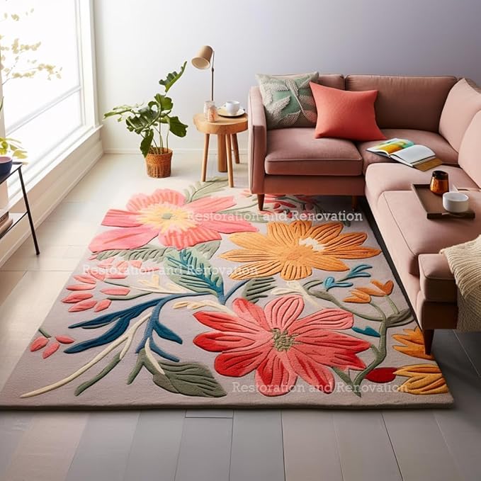 Handmade Wool Floral Area Rug for Living Room | Elegant Flower Garden Design, Soft, Thick and Durable | Bedroom, Dining Room & Home Decor Carpet (8' x 11', Floral A)