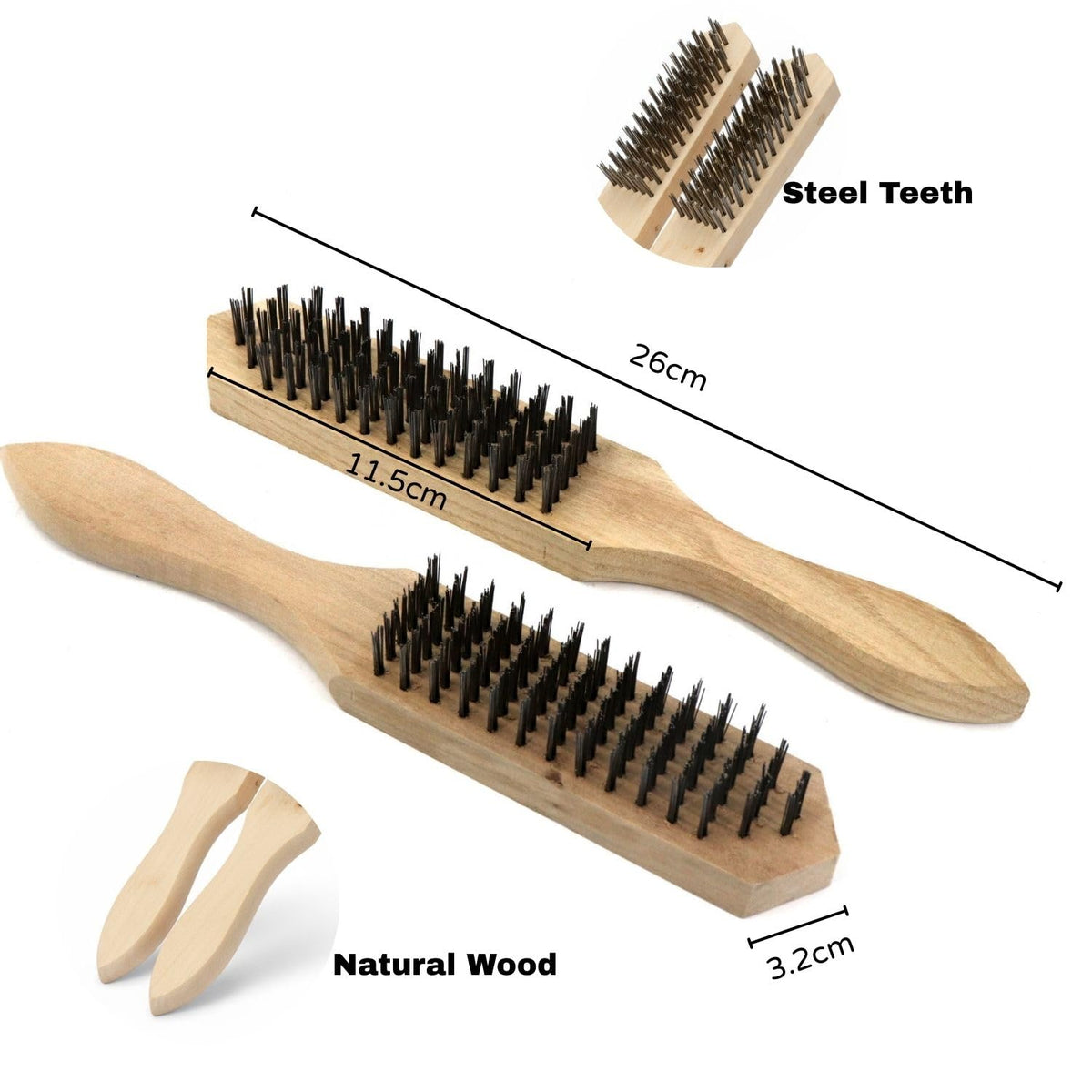 Steel Wire Brush Pack of 2 - Beechwood Handle Wire Brushes - Heavy Duty Steel Bristle Cleaning Brush for Rust, Paint & Welding Slag Removal - Durable Metal Cleaning Tool