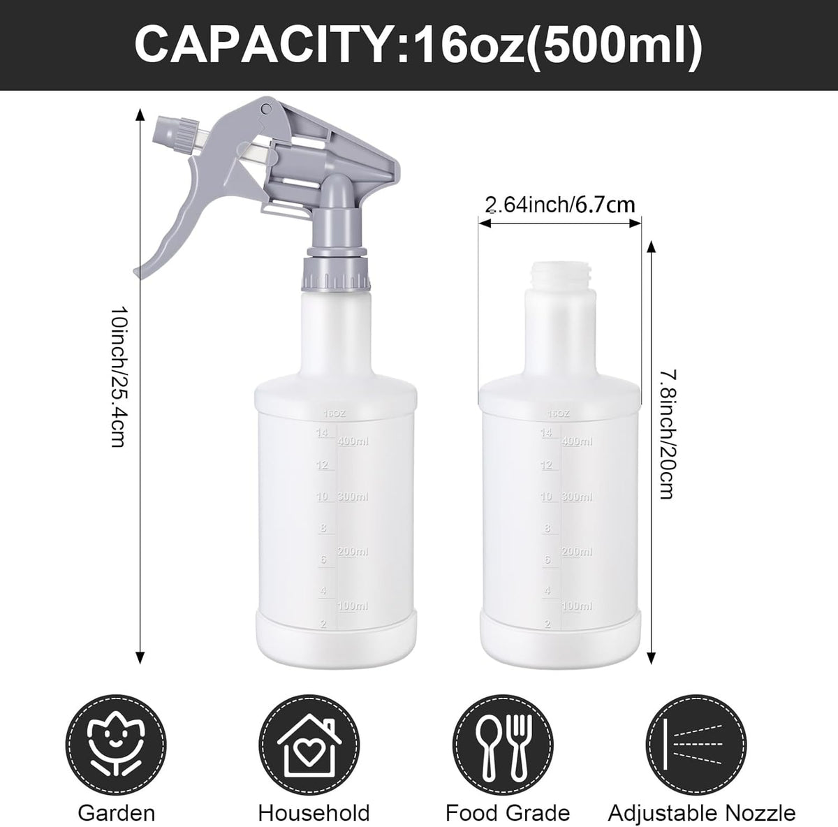 Eccliy 12 Pcs 16 Oz Plastic Spray Bottle, Adjustable Empty Reusable Sprayer for Cleaning, Planting, Water, Bathroom and Kitchen, BBQ, Commercial and Residential(Pure Grey Clear,Measurement)