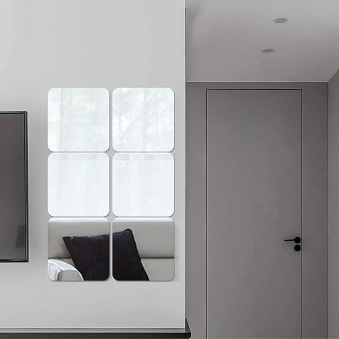 Acrylic Mirror Sheet Self Adhesive Wall Mounted Home Décor Non Glass Sticky Mirror Tile Thickness 0.08in (2mm) Square 8x8 inch 4 pcs
