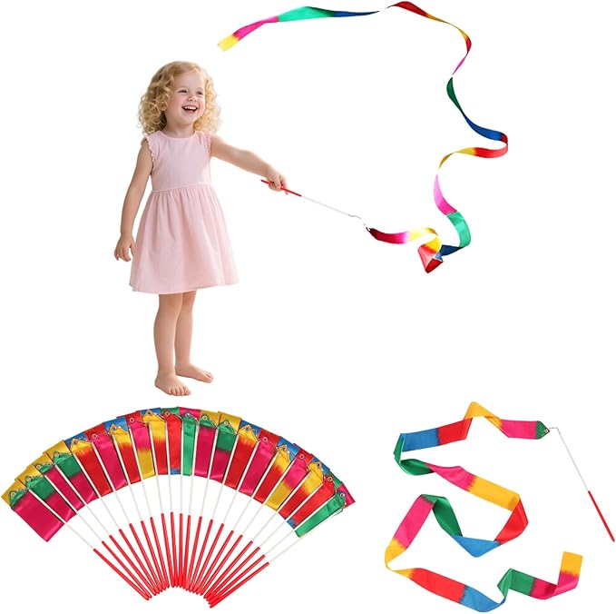 20 Pack Ribbon Dancing Wands Party Favors for Kids, Rainbow Birthday Decorations, Princess Party Supplies, Girls Party Games, Gymnastics Goody Bag Stuffers