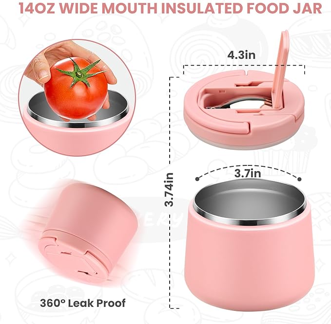 Soup Thermo for Hot Food Kids 14oz Lunch Containers with Buckle Lid Wide Mouth Hot Food Jar Vacuum Insulated Stainless Steel Bento Box Leakproof with Spoon(Pink)
