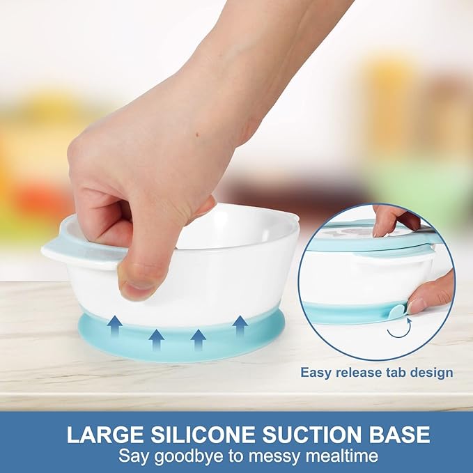 MR. CHOU Ceramic Baby Bowls with Suction Base, Infant Led Weaning Supplies with BPA Free Airtight Lid & Handles for Babies Self-feeding, 100% Food Grade Kid Bowls, Microwave & Dishwasher Safe, Blue